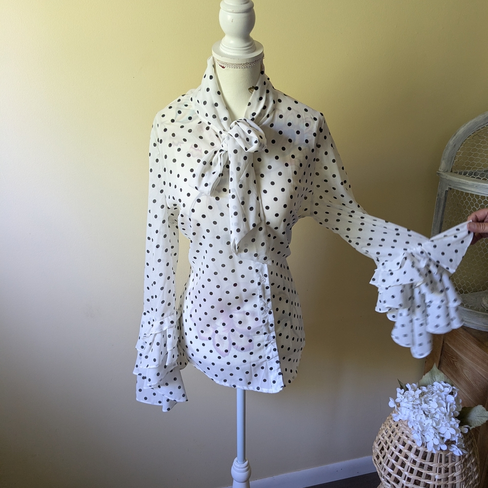 Chic Black Polka Dot Blouse with Ruffle Sleeves